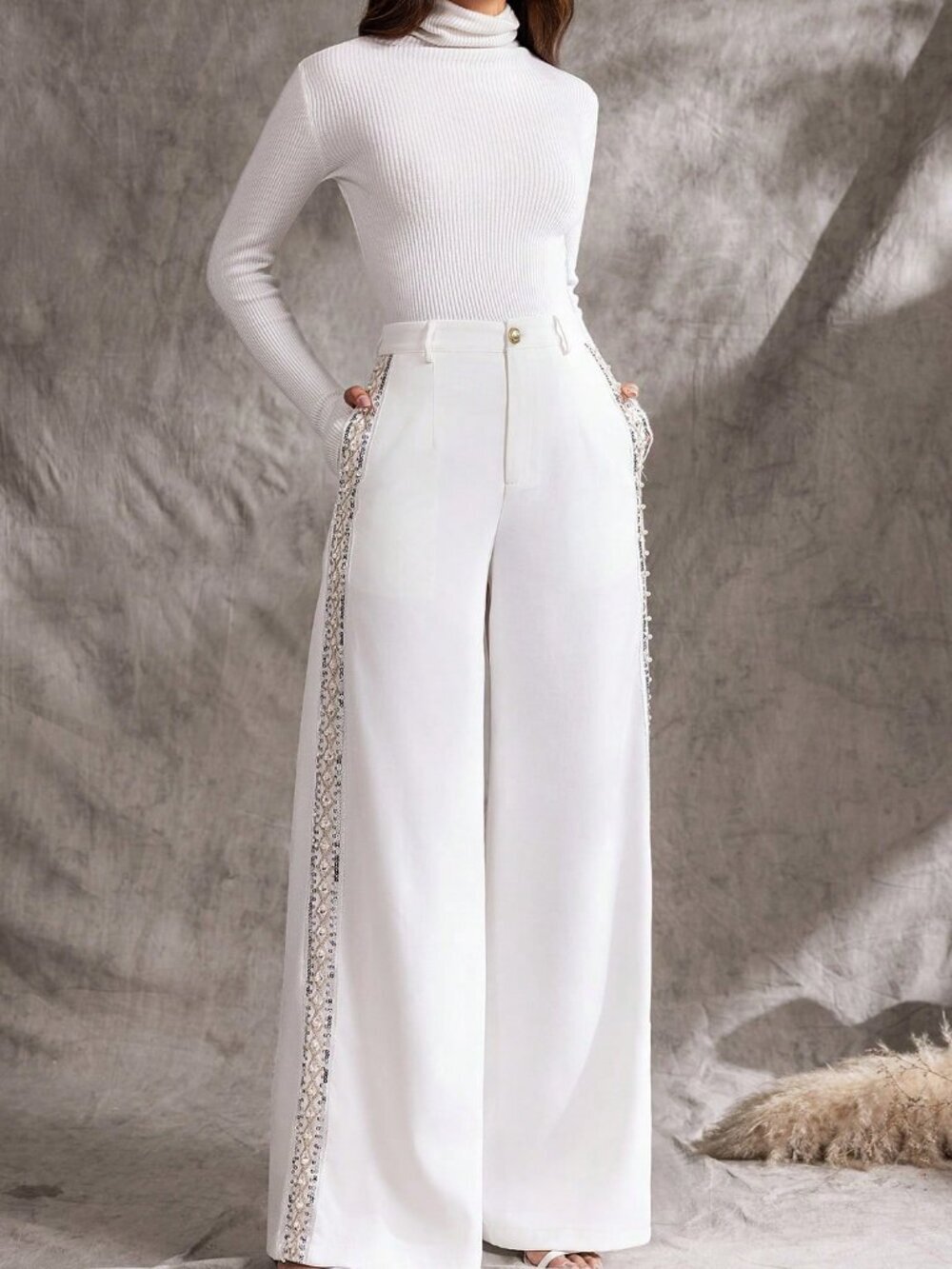 White Luxury Women's Straight Leg Sequin Embroidery Pants